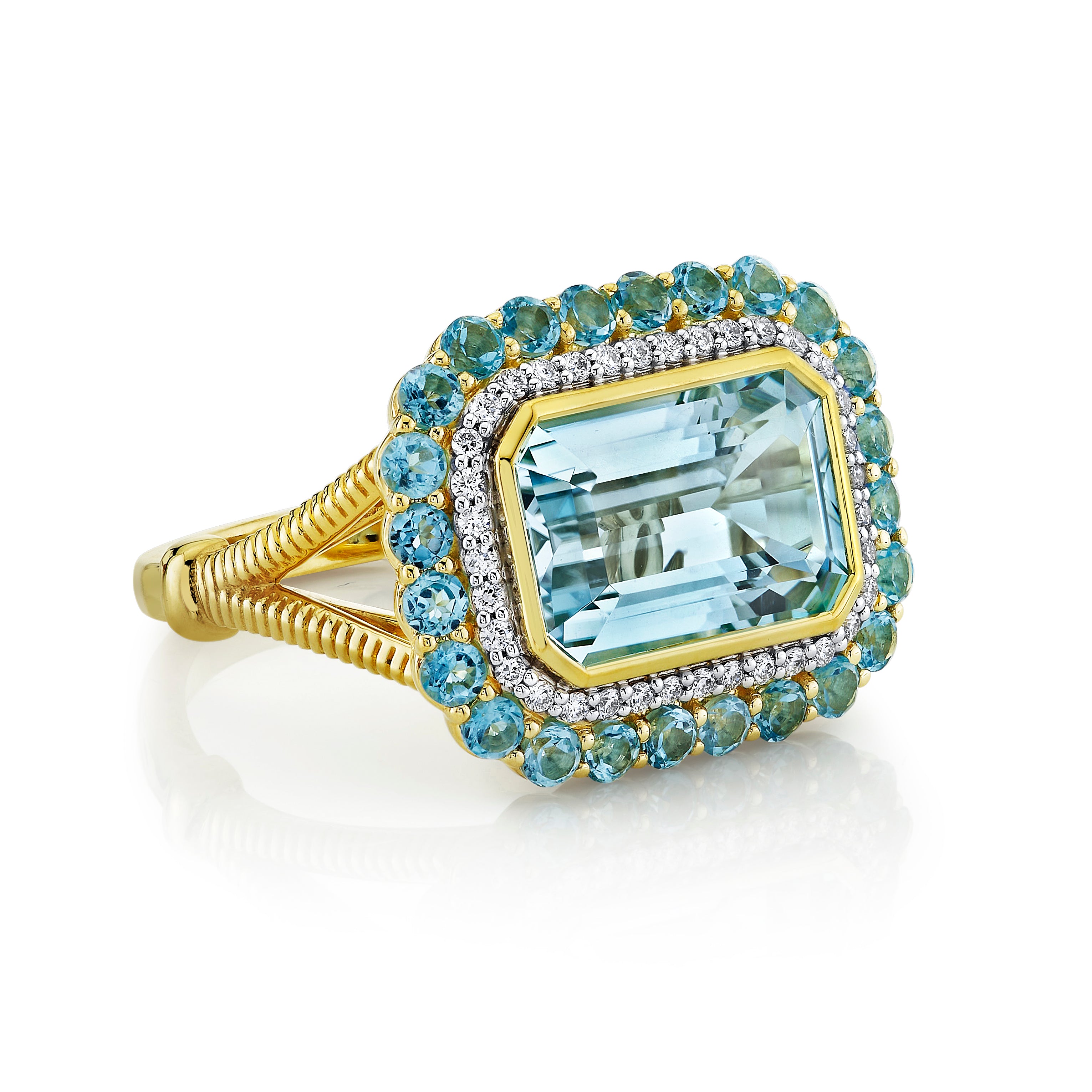 Sky Blue Topaz Ring with Swiss Blue Topaz and White Diamond Halo with Strie Detail