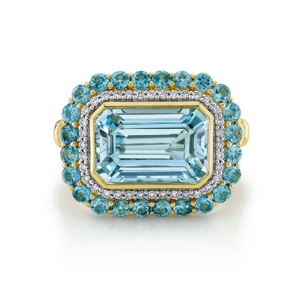Sky Blue Topaz Ring with Swiss Blue Topaz and White Diamond Halo with Strie Detail