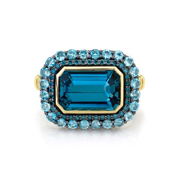 London Blue Topaz Ring with Blue Diamond and Swiss Blue Topaz Halos and Strie Detail