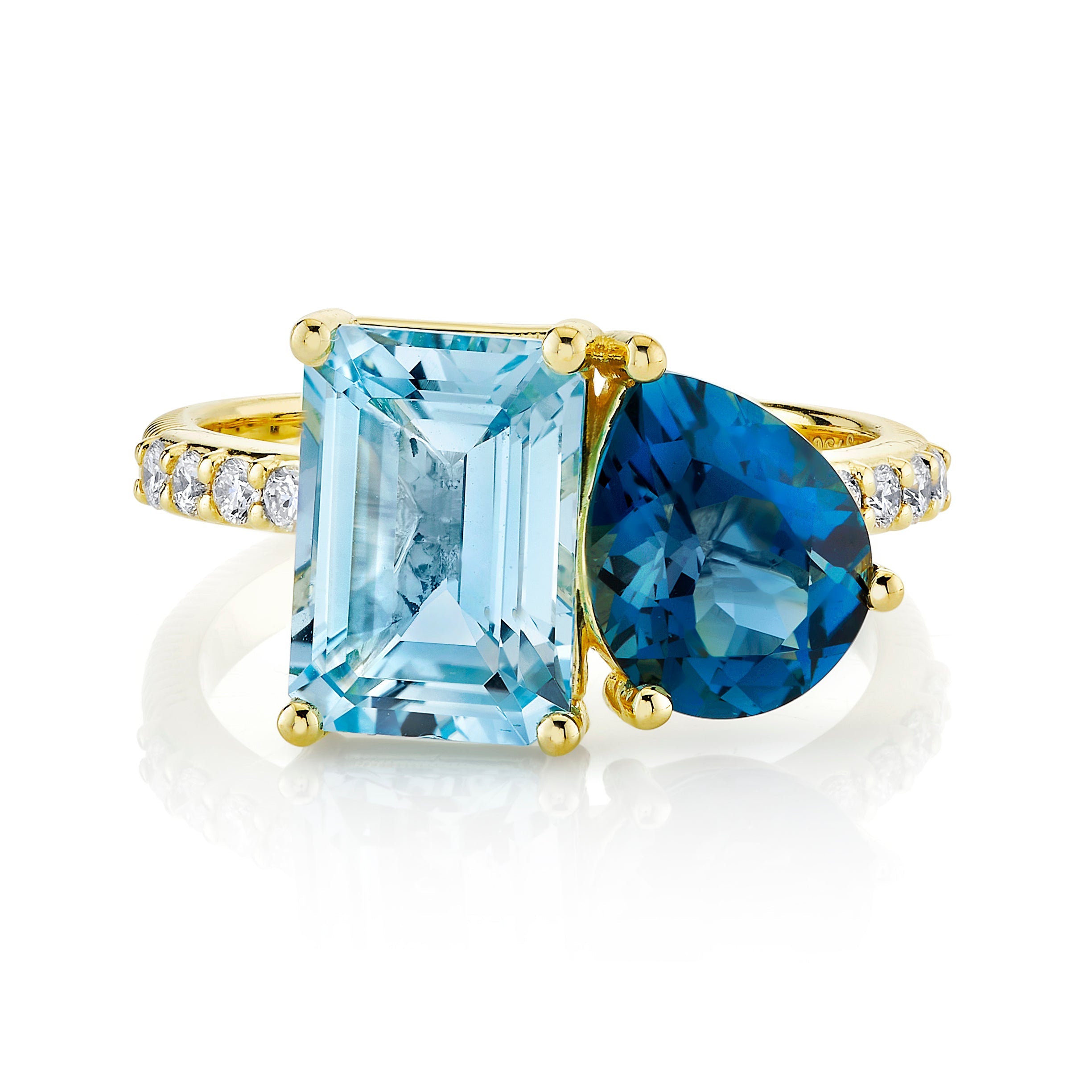 Toi et Moi Pear and Emerald Cut Blue Topaz Two-Stone Ring with Diamond and Strie Detail